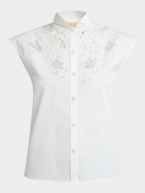Valentino Broderie Anglaise Cap-Sleeve Button-Down Shirt