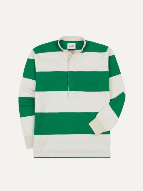 Drake's Green and White Stripe Cotton Mandarin Collar Rugby Shirt