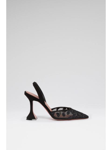 Amina Muaddi HOLLI MESH SLING 95 BLACK GLITTER LEOPARD MESH AND BLACK SUEDE