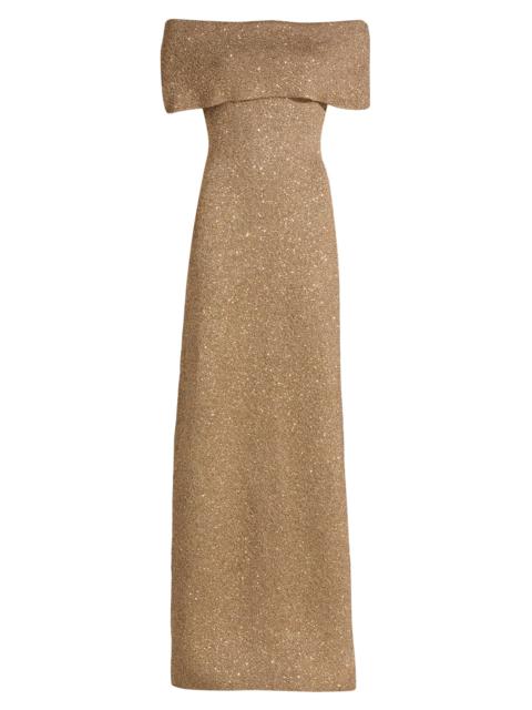LELA ROSE Women's Deedie Sequined Knit Off-Shoulder Gown - Taupe