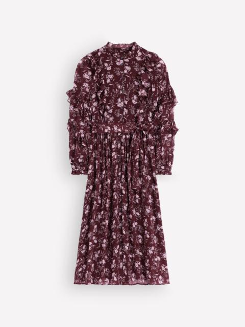 BODEN Ruffle Tie Neck Dress-Brown, Enchanted Sprigs