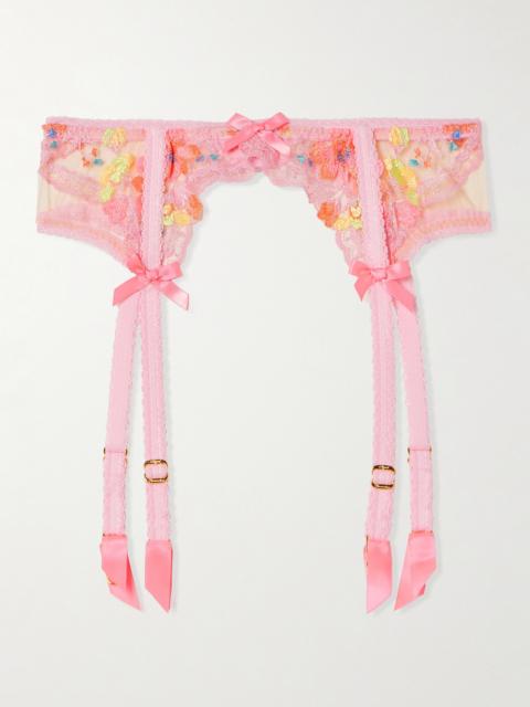 Agent Provocateur Rixie Bow-detailed Lace-trimmed Embroidered Tulle Suspender Belt