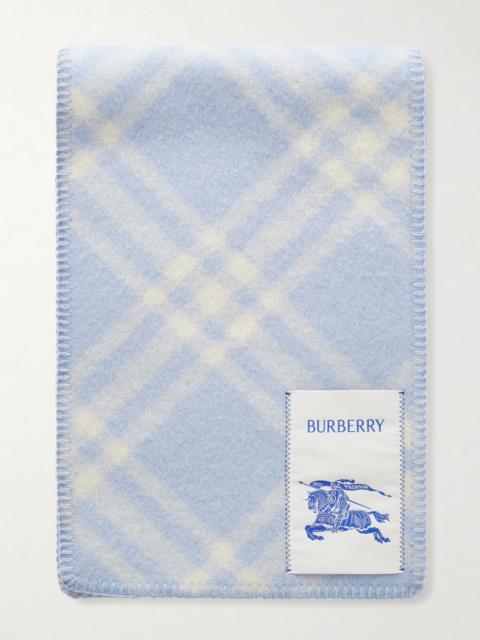 Burberry Logo-appliquéd checked wool scarf Light blue