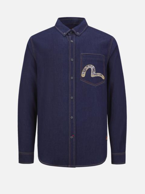 EVISU DRAGON-EMBROIDERED DAICOCK PRINT DENIM SHIRT