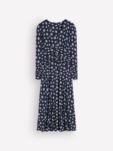 BODEN Mya Ruched Jersey Midi Dress-French Navy, Delicate Garden