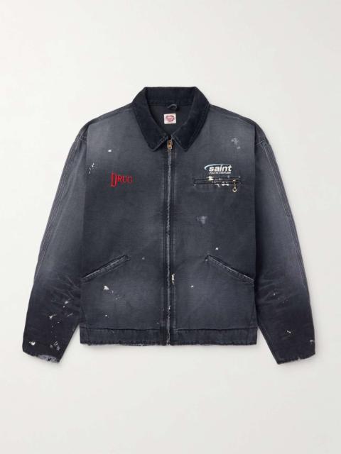 SAINT M×××××× Corduroy-Trimmed Logo-Embroidered Distressed Cotton-Canvas Jacket