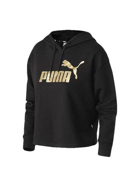 PUMA (WMNS) PUMA Essentials+ Cropped Metallic Logo Fleece Hoodie 'Black Gold' 586922-56