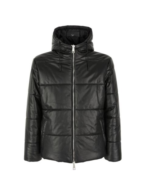 drawstring-hood leather puffer jacket
