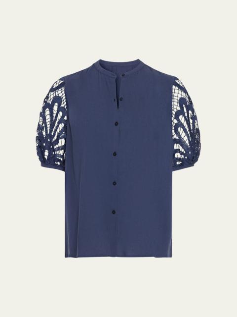 RAMY BROOK Gia Open-Knit Short-Sleeve Blouse