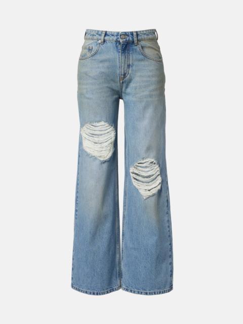 AREA Distressed embellished wide-leg jeans