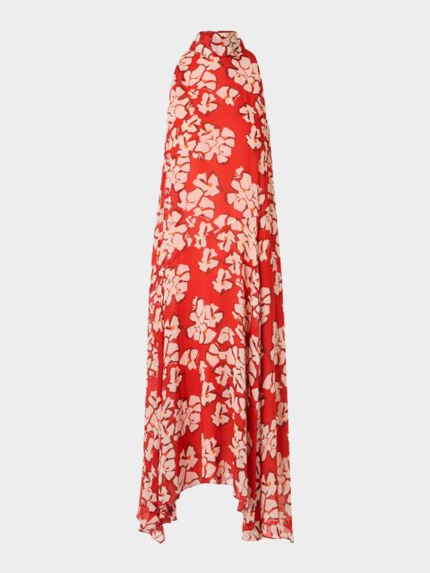 AKRIS Mock-Neck Papercut Floral Print Viscose Georgette Midi Dress