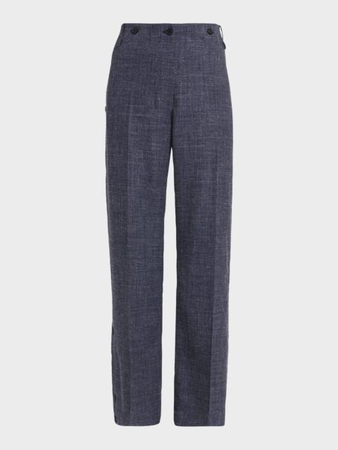 FERRAGAMO Wool-Linen Buttoned Straight-Leg Trousers
