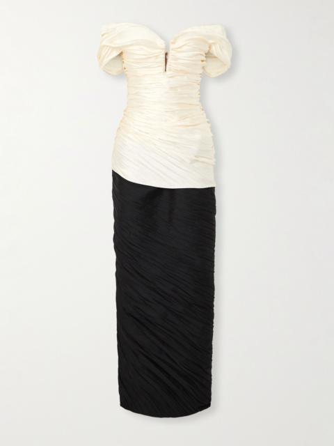 MARMAR HALIM Off-the-shoulder pleated two-tone mikado and taffeta gown Off-white