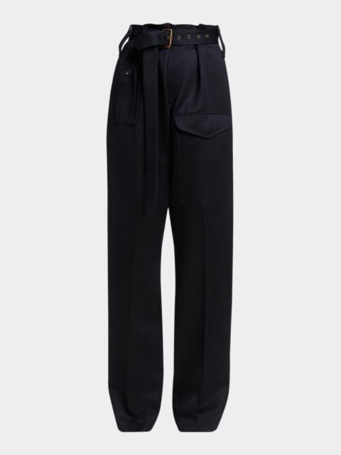 Etro Belted Paperbag Waist Straight-Leg Trousers