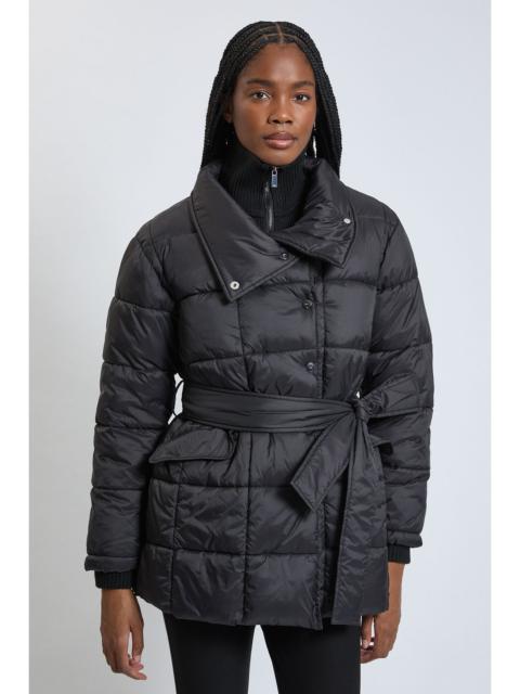 KAREN MILLEN Rib Panel Detail Midi Belted Padded Coat