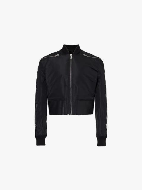 Stand-collar leather-trim woven bomber jacket