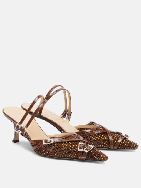 MACH & MACH Crystal Net 65 leather-trimmed mules