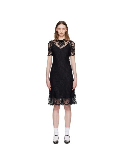 SHUSHU/TONG Black Beaded Lace Short-Sleeve Midi Dress
