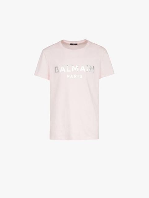 Balmain Pale pink eco-designed cotton T-shirt with silver Balmain Paris logo print