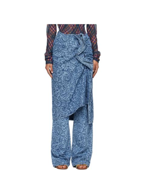 Dries Van Noten Blue Floral Denim Midi Skirt