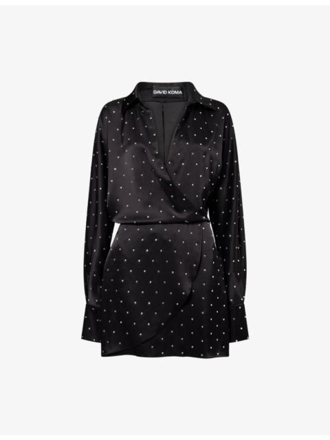David Koma Star-Embellished Wrap-Front Satin Mini Shirt Dress