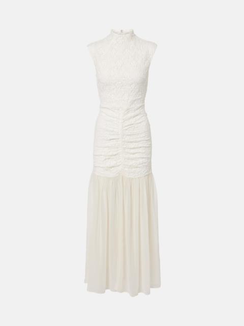 ROTATE Ruched lace-trimmed maxi dress