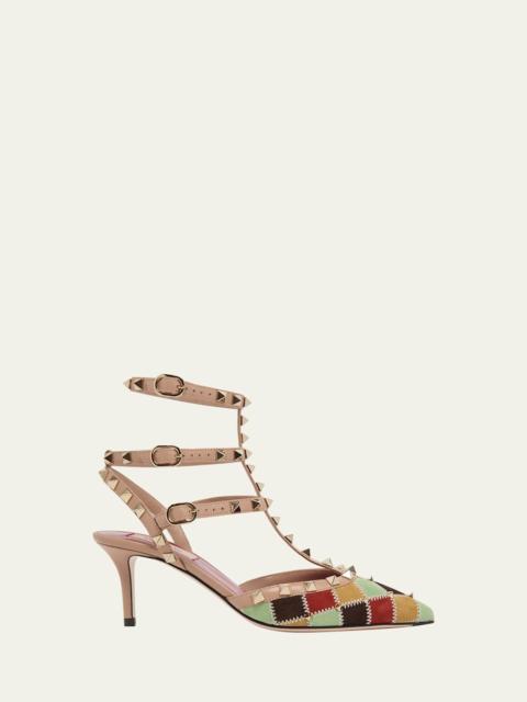 Valentino 100mm Rockstud Patchwork Suede Ankle-Strap Pumps