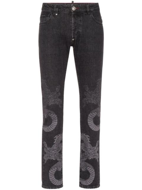 PHILIPP PLEIN dragon-print washed straight-leg jeans