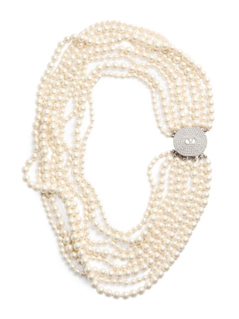 Valentino Women's Ovalette Necklace in Metal, Baroque Glass Pearls, and Swarovski Crystals - Cream Crystal