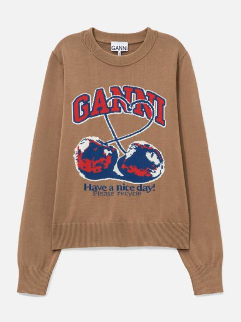 GANNI FINE COTTON GRAPHIC SWEATER CHERRY