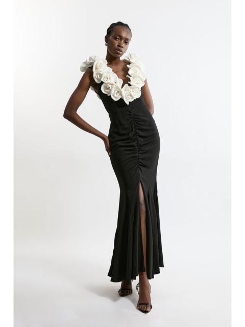 KAREN MILLEN Compact Stretch Viscose Rosette Tailored Maxi Dress