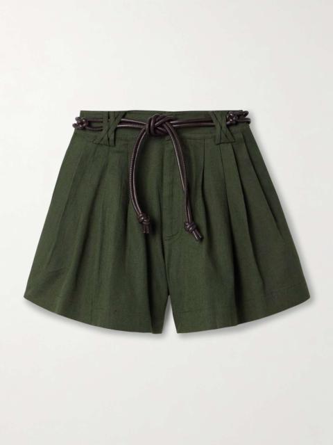 Sea Shai belted pleated cotton and linen-blend shorts Dark green