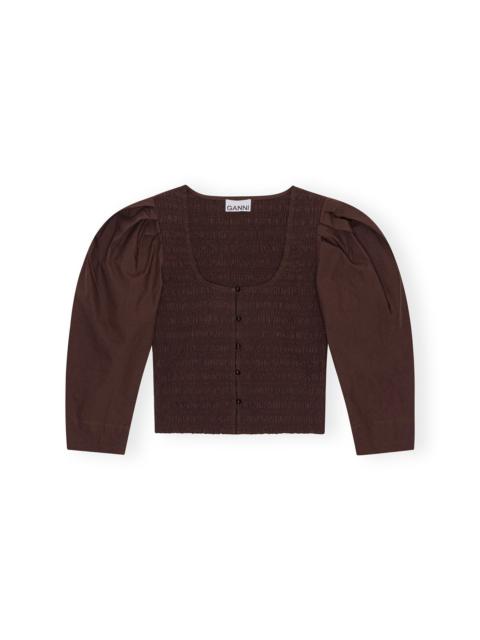 GANNI BROWN COTTON POPLIN SMOCK BLOUSE