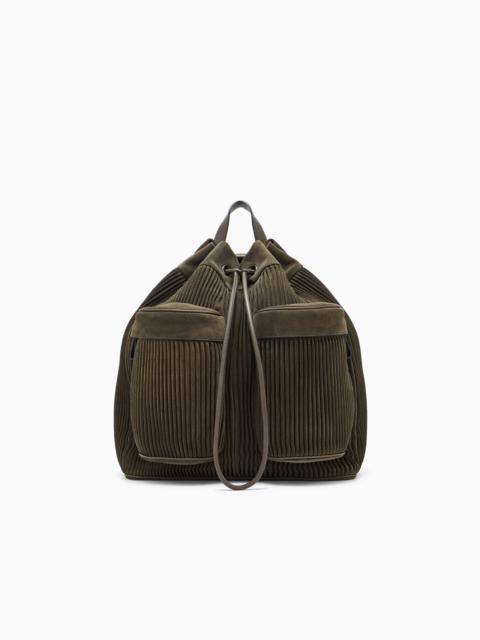 GIORGIO ARMANI PLEATED SUEDE LEATHER BACKPACK WITH POCKETS AND DRAWSTRING
