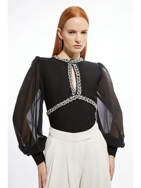 KAREN MILLEN Bandage Embellished And Chiffon Sleeve Figure Form Knit Top