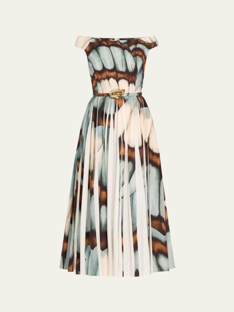 Oscar de la Renta Off-The-Shoulder Butterfly Poplin Pleated Midi Dress With Belt