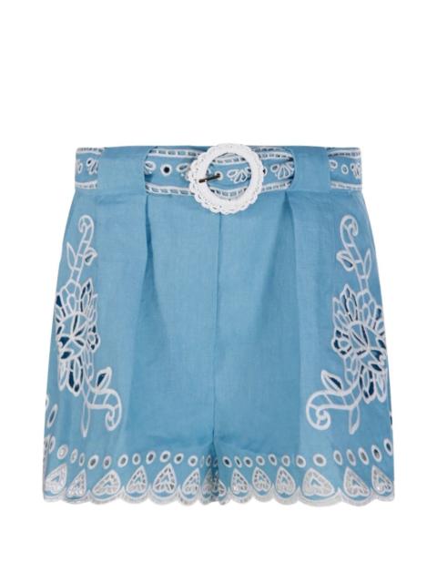 FARM RIO floral-embroidered belted shorts