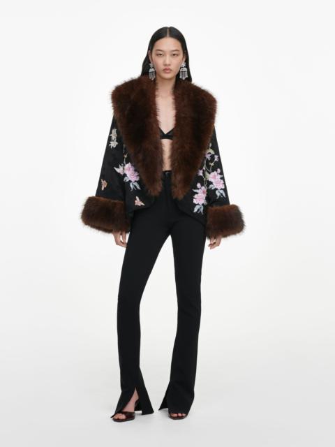 self-portrait Black Floral Jacquard Fur Collar Coat