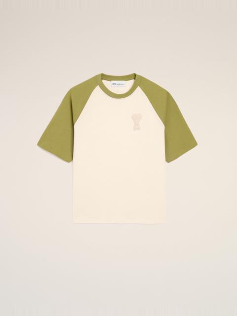AMI Paris WHITE AND GREEN COTTON AMI DE COEUR KNITTED PATCH T-SHIRT