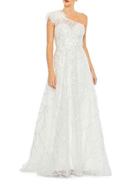 MAC DUGGAL Women's One-Shoulder Feathered A-Line Gown - Ivory
