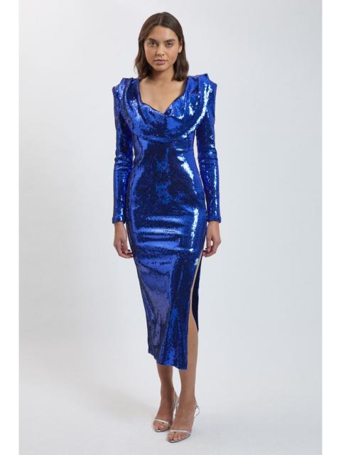 KAREN MILLEN Sequin Plunge Cowl Neck Strong Shoulder Long Sleeve Midi Dress