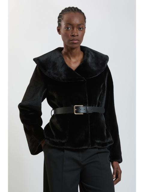 KAREN MILLEN Faux Fur Oversize Collar Belted Short Coat