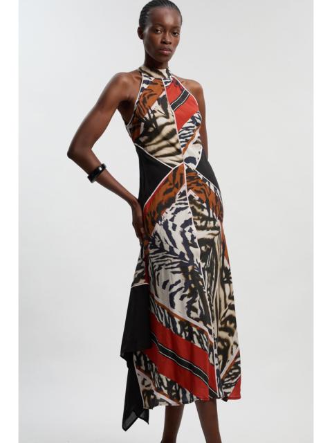 KAREN MILLEN Animal Print Fluid Tencel Halter Neck Woven Maxi Dress