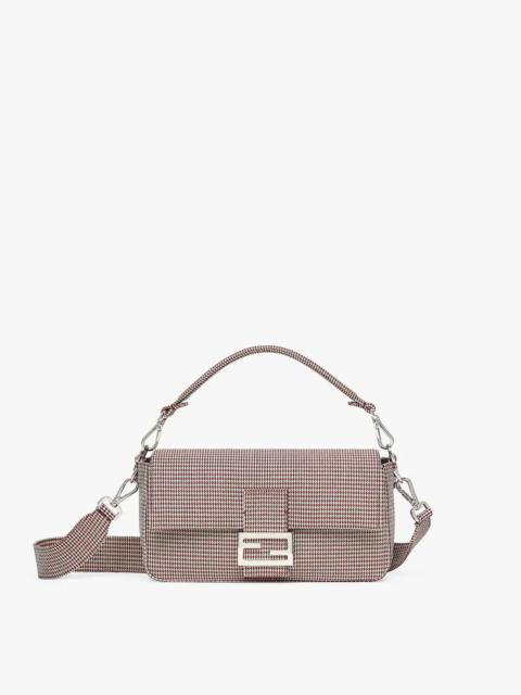 FENDI Baguette made of fabric with houndstooth motif in white and red, with square flap and FF magnetic cl