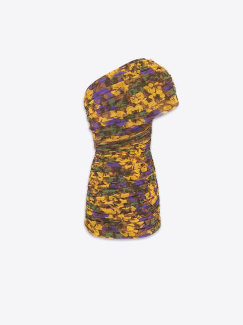 SAINT LAURENT ruched one-shoulder dress in floral tulle