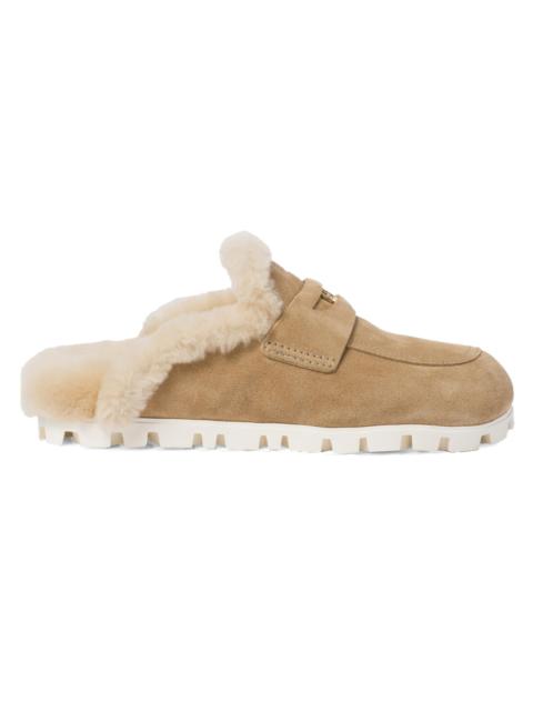 Miu Miu Women's Suede Shearing Mules - Beige Khaki