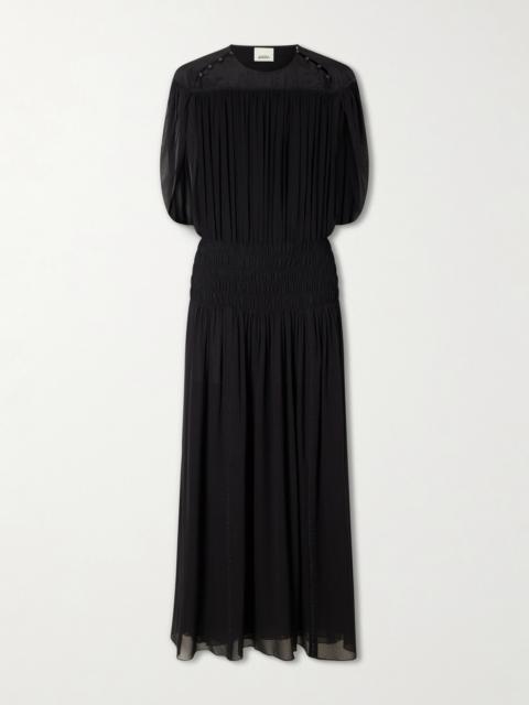 Isabel Marant Nesrine Bead-embellished Pleated Smocked Silk Maxi Dress