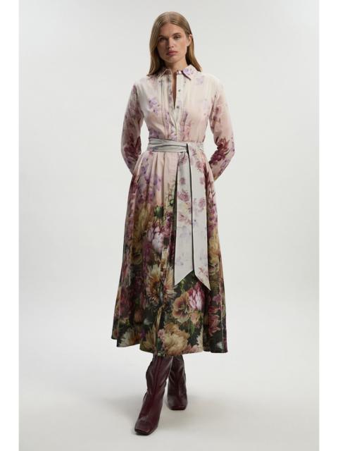 KAREN MILLEN Floral Print Silk Cotton Long Sleeve Woven Maxi Dress