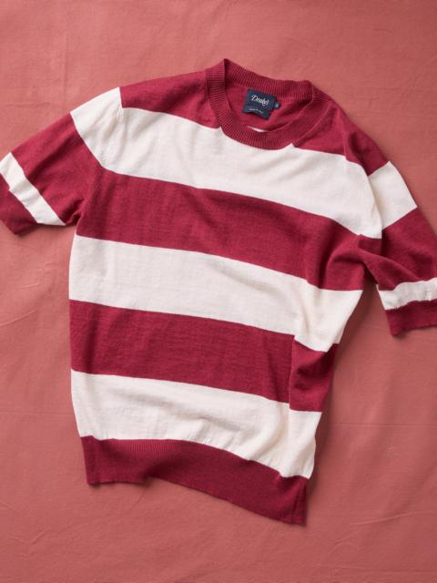 Drake's Ecru and Burgundy Stripe Crew Neck Knitted T-Shirt