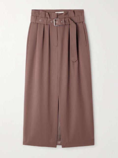 Belted pleated wool-twill midi skirt Light brown